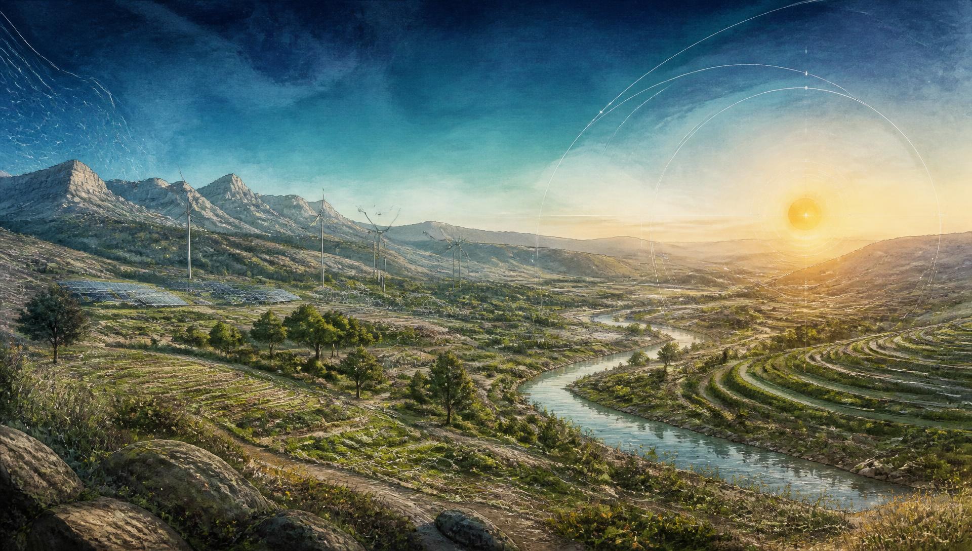 Morning light over a regenerating valley: a river, terraced growing fields, wind turbines and solar arrays, with faint contour and systems lines drawn across the sky.