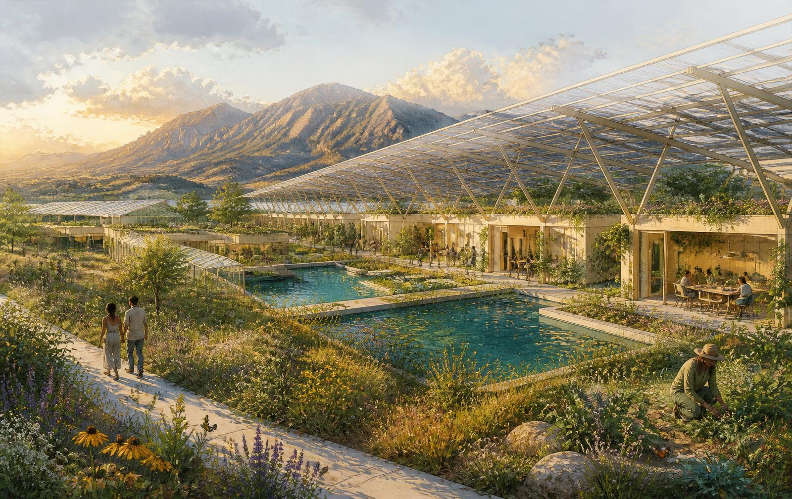 Rendering of a low modular data center under a solar canopy, with closed-loop water ponds, greenhouses, native meadow planting, and people walking the site at golden hour.